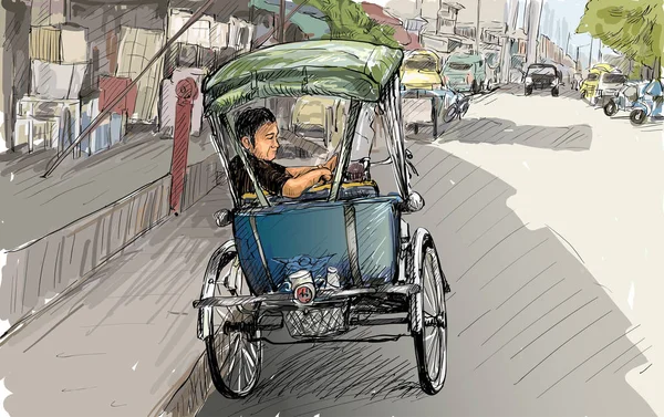 Sketch Cityscape Chiangmai Thailand Show Local Tricycle People Illustration Vector —  Vetores de Stock