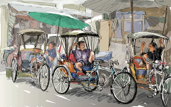 泰国清迈的素描城市景观显示了当地的三轮车和人 说明病媒 — 图库矢量图片