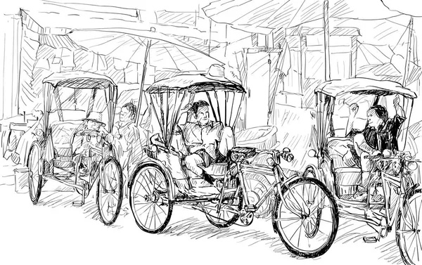 Sketch Cityscape Chiangmai Tailandia Mostrar Triciclo Local Gente Ilustrar Vector — Vector de stock