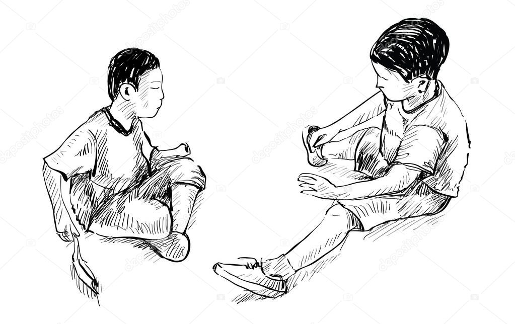 sketch of two small friends playing toys in sand at playground park isolated, illustration vector