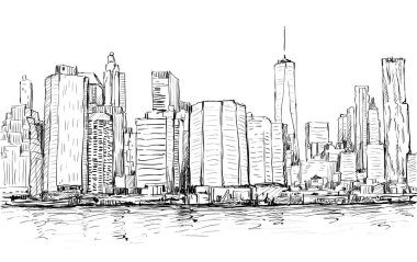 New York 'taki şehir manzarası çizimi Manhattan şehir merkezini gökdelenlerle, illüstrasyon vektörleriyle gösteriyor.