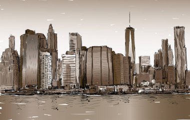 New York 'taki şehir manzarası çizimi Manhattan şehir merkezini gökdelenlerle, illüstrasyon vektörleriyle gösteriyor.