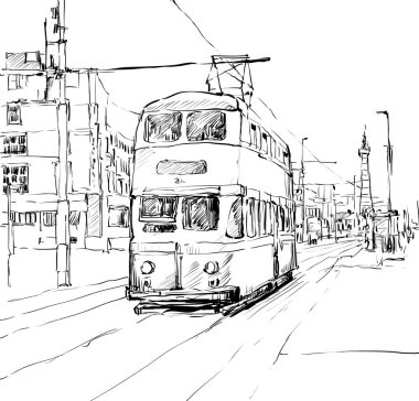 Şehir manzarası çizimi İngiltere 'de geleneksel tramvay, illüstrasyon vektörü