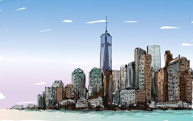 New York 'taki şehir manzarası çizimi Manhattan şehir merkezini gökdelenler ve resimlerle gösteriyor.