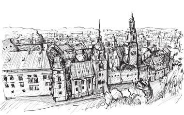 Sketch şehri Polonya Krakow kale kuleleri, serbest çizim illüstrasyon vektörü