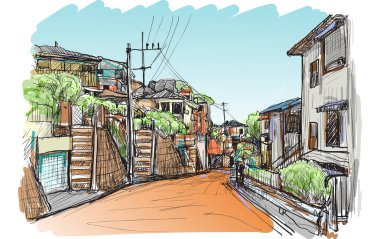 Yokohama Japonya 'daki yerel köyün çizim şehir manzarası, illüstrasyon vektörü