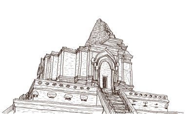 Eski tapınak pagoda Wat-Ja-Dee-Luang 'ı çiz Tayland, Chiangmai' de, serbest çizim vektör çizimi