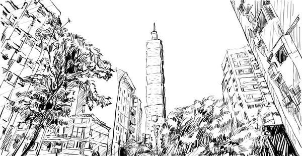 城市景观草图显示台湾城市街道景观 台北建筑 图例矢量 — 图库矢量图片