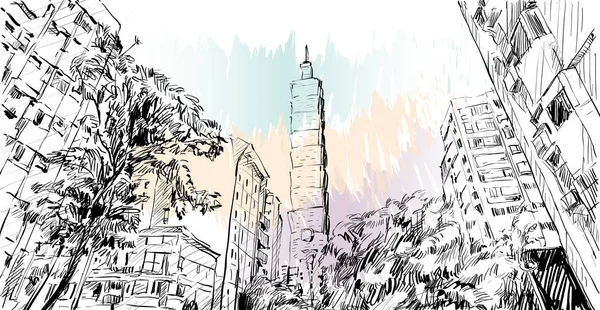 城市景观草图显示台湾城市街道景观 台北建筑 图例矢量 — 图库矢量图片