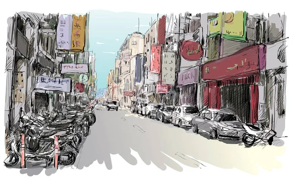 Sketch Cityscape Taiwan Show Urban Street View Market Taipei Illustration — Διανυσματικό Αρχείο