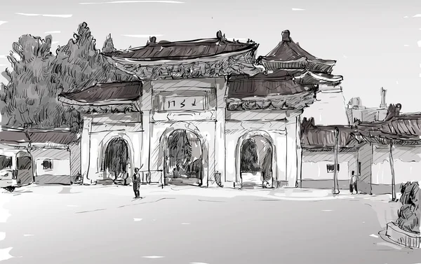 Sketch Cityscape Taiwan Taipei Show Old Temple Door Illustration Vector — ストックベクタ