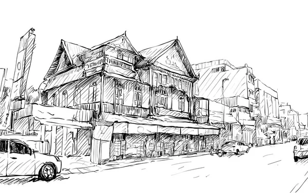 Sketch Cityscape Thailand Show Old Building Street Asia Style Illustration — Stok Vektör