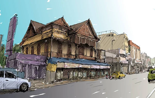 Эскизе Города Таиланде Изображено Старое Здание Улице Стиль Иллюстрация — стоковый вектор