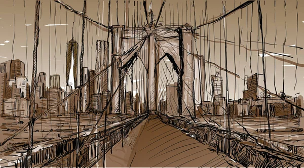 Szkic Pejzażu Miasta Nowym Jorku Show Brooklyn Bridge Building Ilustracja — Wektor stockowy