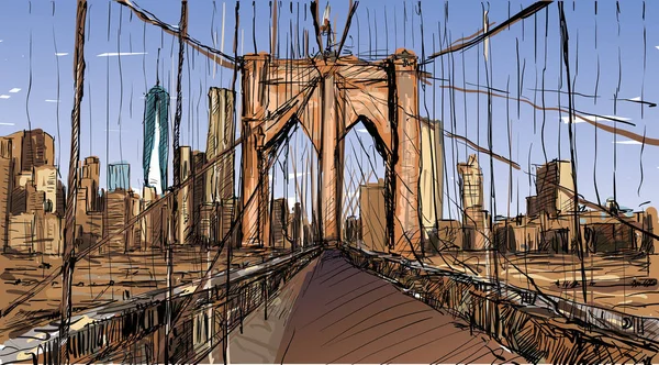Esboço Paisagem Urbana Nova York Mostram Brooklyn Bridge Construção Ilustração — Vetor de Stock