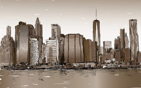 Szkic Miasta Nowym Jorku Show Manhattan Śródmieście Drapaczy Chmur Wektor — Wektor stockowy