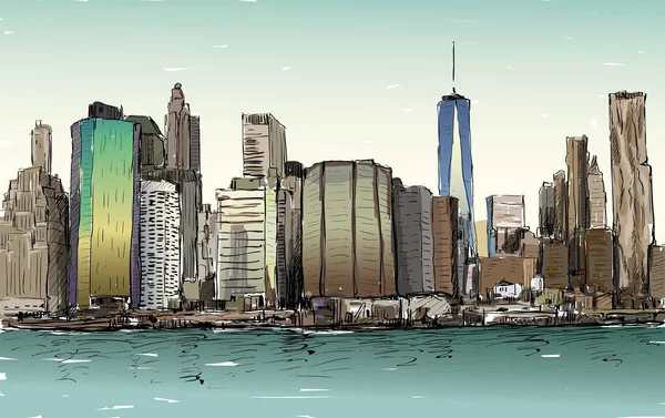 Skica Města New Yorku Show Manhattan Centrum Města Mrakodrapy Ilustrační — Stockový vektor