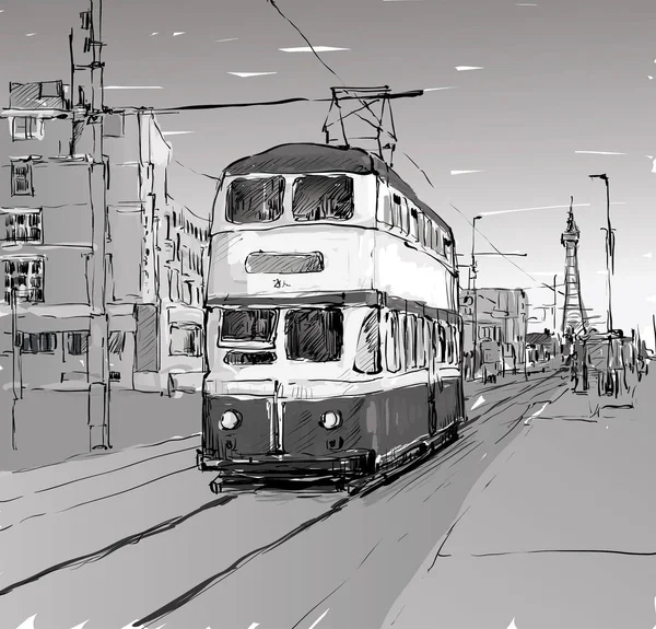 Skizze Des Stadtbildes Zeigt Die Traditionelle Straßenbahn England Illustrationsvektor — Stockvektor