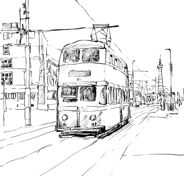 Skizze Des Stadtbildes Zeigt Die Traditionelle Straßenbahn England Illustrationsvektor — Stockvektor