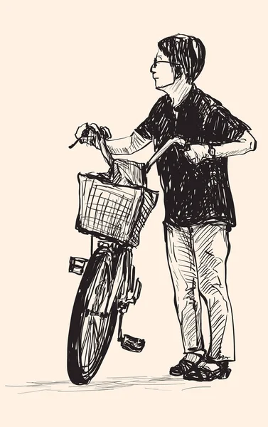 Esboço Mulher Montando Uma Bicicleta Livre Mão Desenho Ilustração Vetor — Vetor de Stock