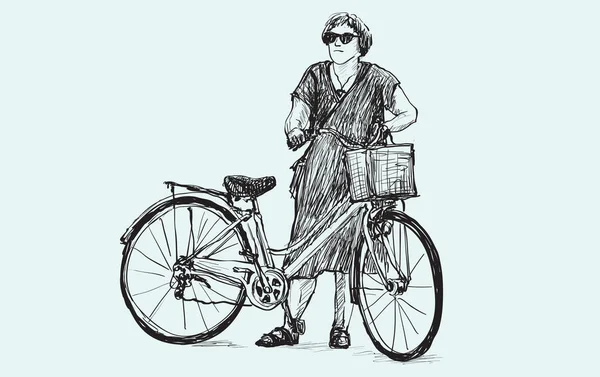 Schizzo Donna Sella Una Bicicletta Disegno Mano Libera Vettore Illustrazione — Vettoriale Stock