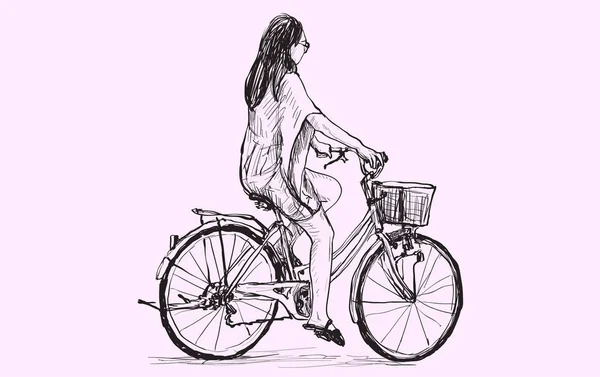 Schets Van Een Vrouw Paardrijden Fiets Vrije Hand Tekening Vector — Stockvector