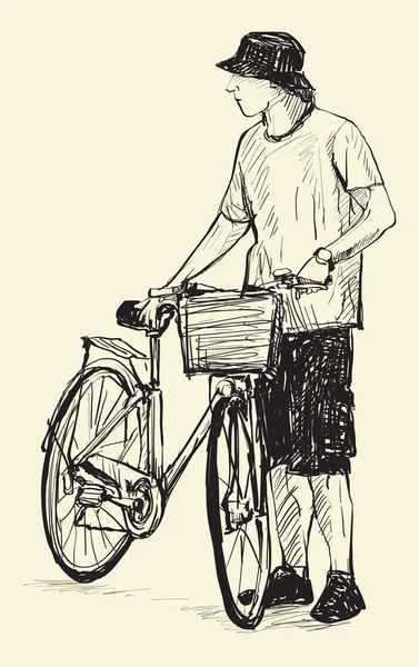 Sketcha Άνθρωπος Και Ποδήλατο Ελεύθερο Χέρι Σχέδιο Διάνυσμα Και Εικονογράφηση — Διανυσματικό Αρχείο