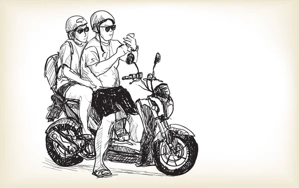Szkic Zwiedzania Motocykla Mieście Spójrz Mapę Telefon Komórkowy Para Motocyklu — Wektor stockowy