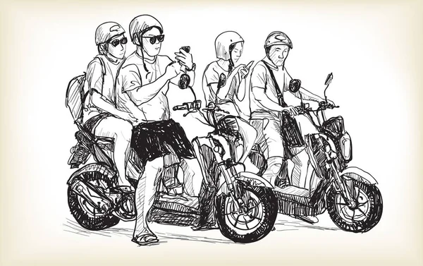 Эскиз Игрушечного Мотоцикла Городе Просмотр Карты Мобильном Телефоне Пара Мотоцикле — стоковый вектор