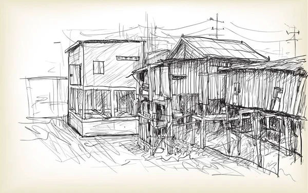 プノンペンの街並のスケッチスラムウッドハウス無料手描きイラストベクトル — ストックベクタ