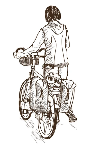 Lady Bicicleta Recorriendo Trazado Manos Libres Vectorial Ilustrativo — Vector de stock