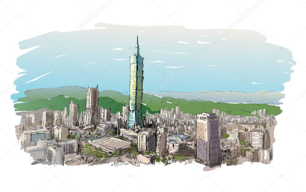 sketch of cityscape show townscape in Taiwan, Taipei building, illustration  vector