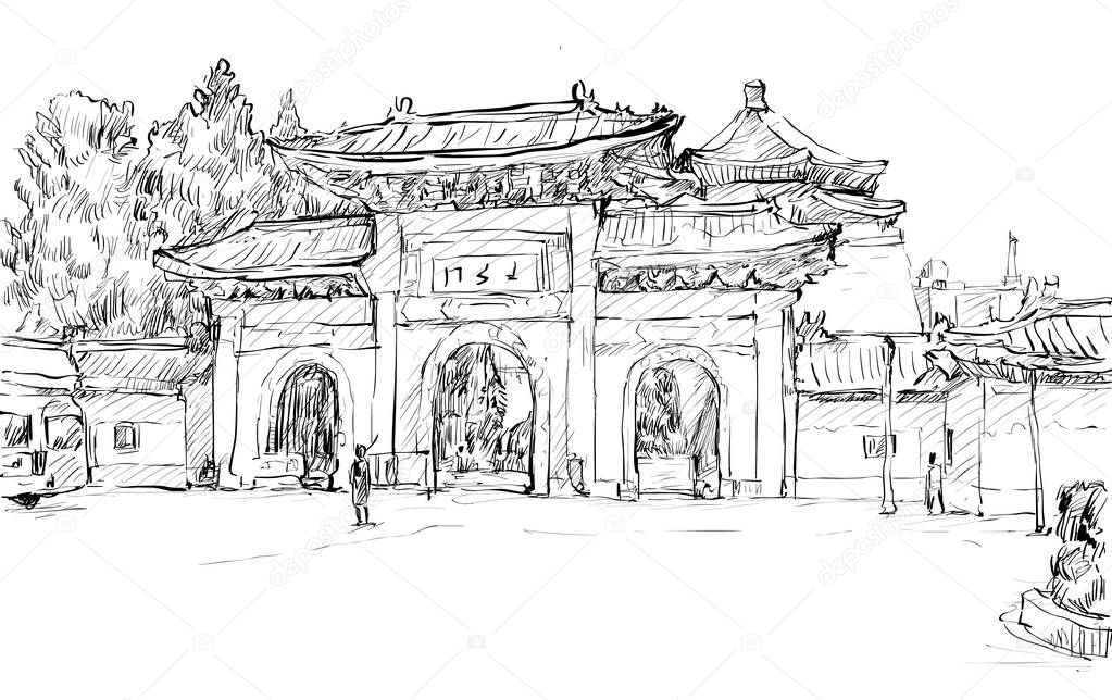 sketch of cityscape in Taiwan Taipei show old temple door, illustration vector