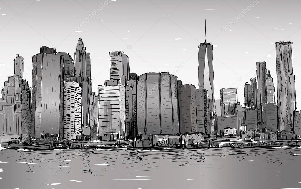 Sketch of cityscape in New York show Manhattan midtown with skyscrapers, illustration vector