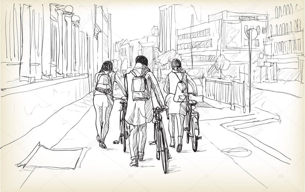 sketch of bicycle rider in Berlin, free hand draw illustration vector