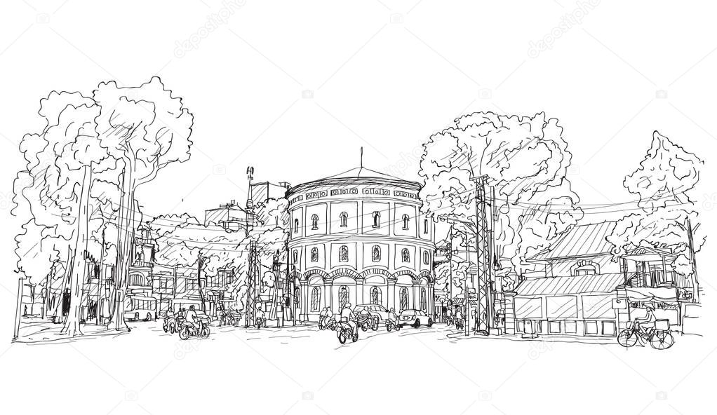 sketch of cityscape Vietnam, Hang Dau Water Tank in Hanoi, Free hand draw illustration vector