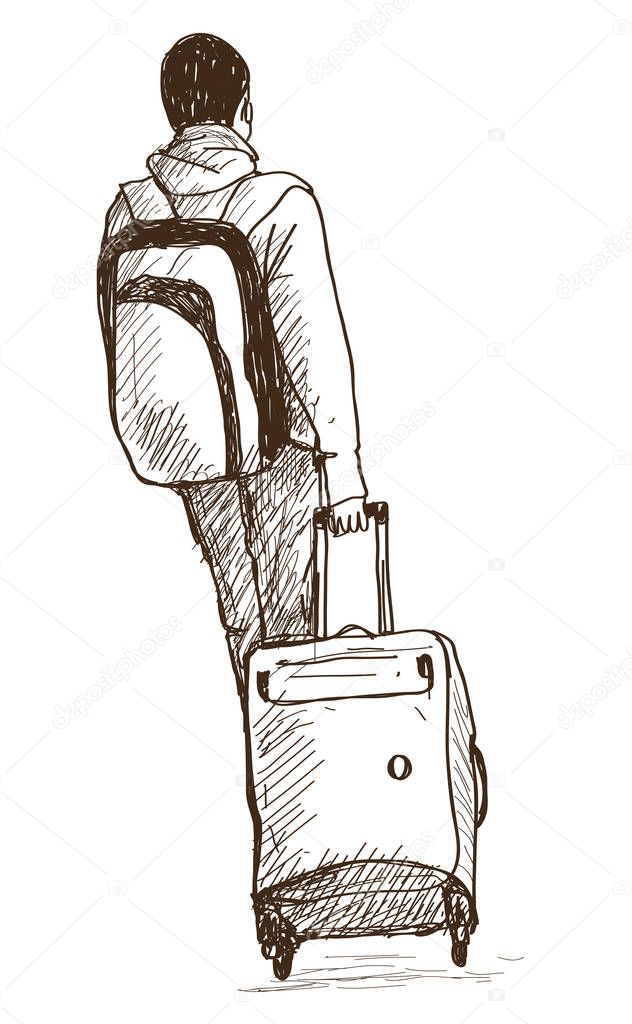 Sketch of man with suitcases, Hand drawn Vector illustratio