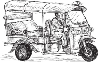 tuk-tuk skech, Taylandca ulaşım için geleneksel motor üç tekerlekli bisiklet, serbest çizim vektörü, illüstrasyon