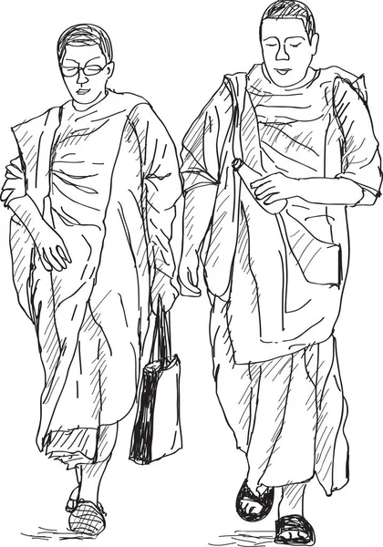 年轻佛教僧侣在泰国街头行走的草图 手绘矢量图解 — 图库矢量图片