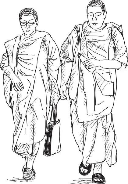 Boceto Jóvenes Monjes Buddhistas Paseando Por Calle Tailandés Chiangmai Dibujo — Archivo Imágenes Vectoriales