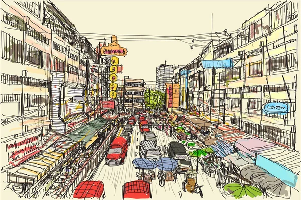 Croquis Place Marché Local Thaïlandais Chiangmai Illustration Vectorielle Main Levée — Image vectorielle