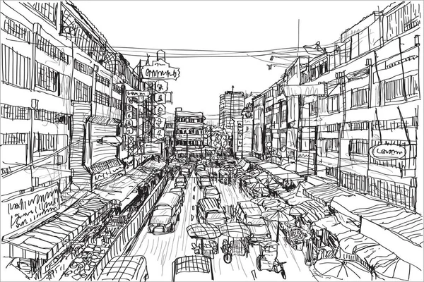 마이에 타이의 시장을 스케치하고 손으로 그림을 그립니다 — 스톡 벡터