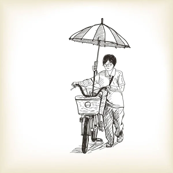 骑自行车去市场并在自行车上调适雨伞的女孩 免费手绘素描矢量图解 — 图库矢量图片