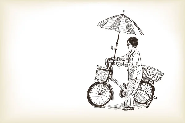 Une Fille Faisant Vélo Marché Adaptant Parapluie Sur Vélo Dessin — Image vectorielle