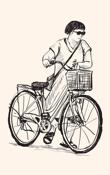 Croquis d'une femme marchant à vélo, dessin à la main libre — Image vectorielle