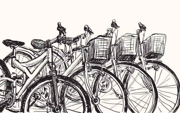 Рисунок Ряд Велосипеда Продажи Аренды Свободный Ручной Рисунок Вектор Иллюстрации — стоковый вектор