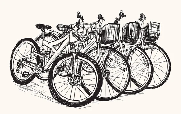 Σκίτσο σειρά ποδηλάτων για πώληση ή ενοικίαση, ελεύθερο χέρι κλήρωση — Διανυσματικό Αρχείο