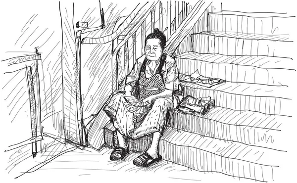 Vieille femme vente loterie croquis dessin illustration main libre — Image vectorielle
