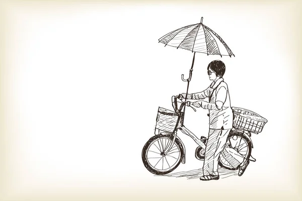 A girl riding bicycle to market and adapting umbrella on bicycle — Stock Vector