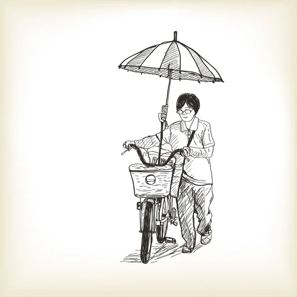 A girl riding bicycle to market and adapting umbrella on bicycle — Stock Vector